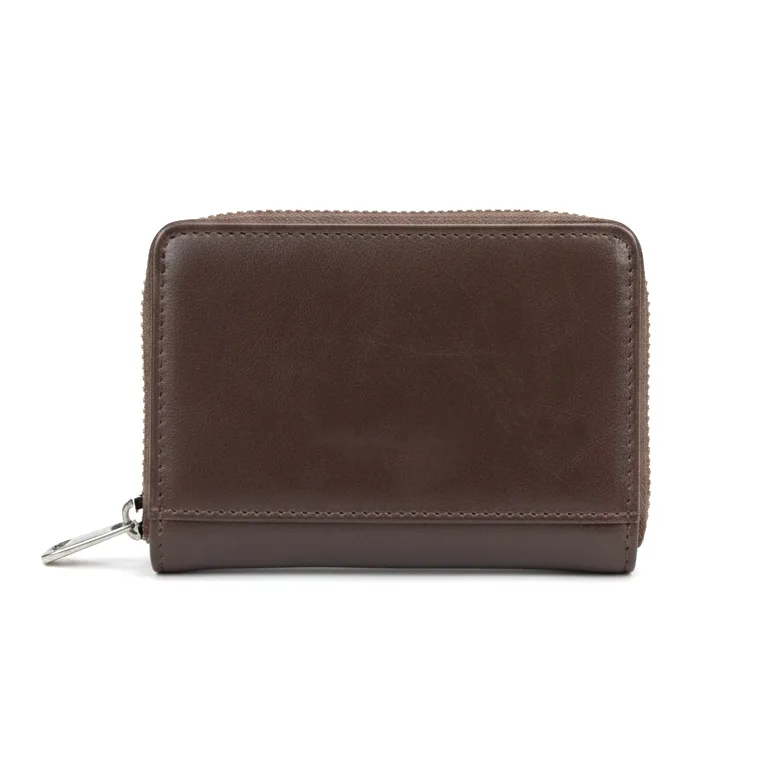 Round Zipper Genuine Leather Short Wallet - Plain Chocolate
