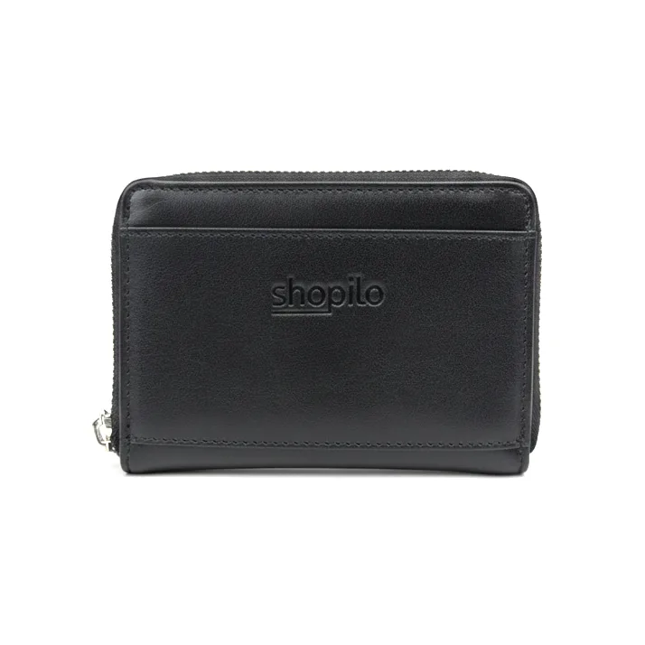 Round Zipper Genuine Leather Short Wallet - Plain Black
