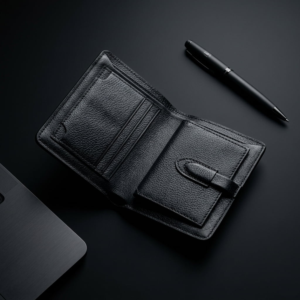 Genuine Leather Loop Short Wallet - Black